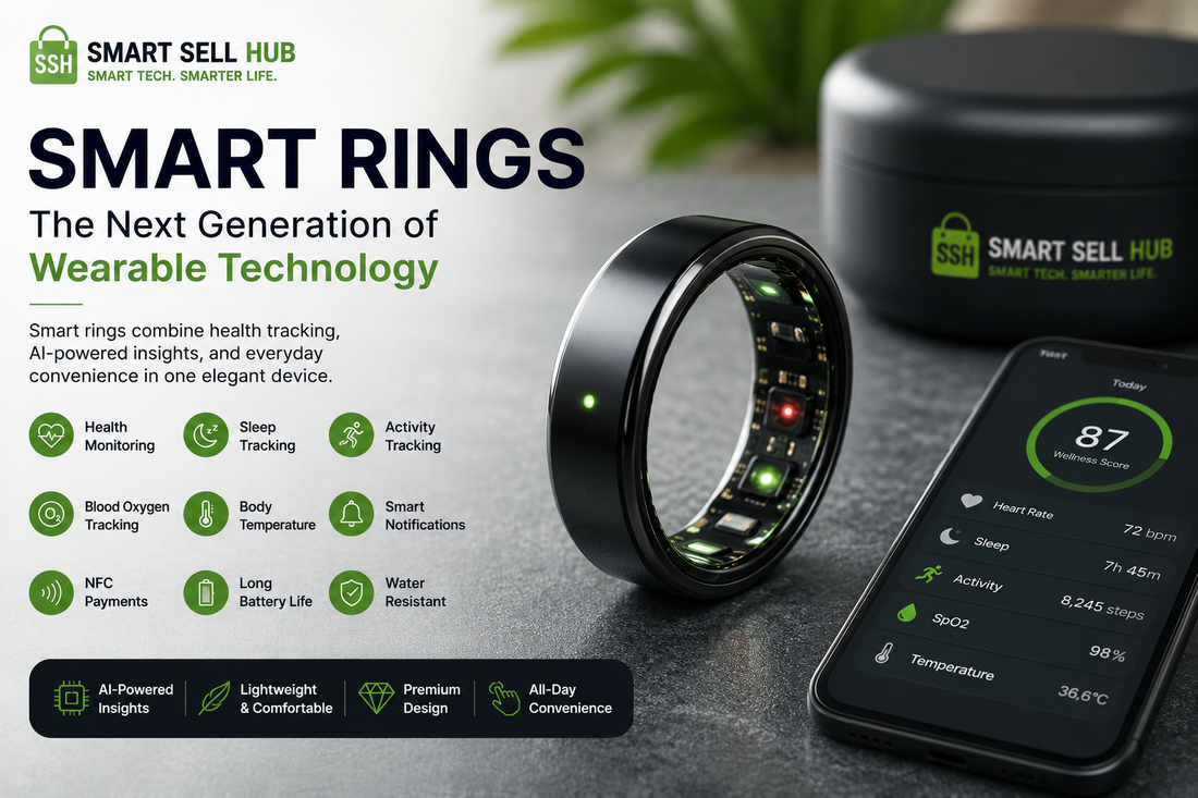 Modern smart ring with AI health tracking, sleep monitoring, fitness sensors, and wearable technology features.