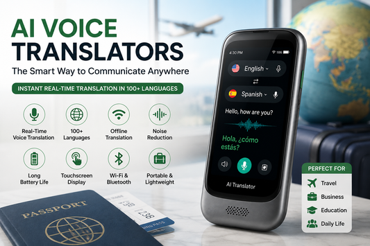 Portable AI voice translator device with real-time language translation for travel, business, and multilingual communication.