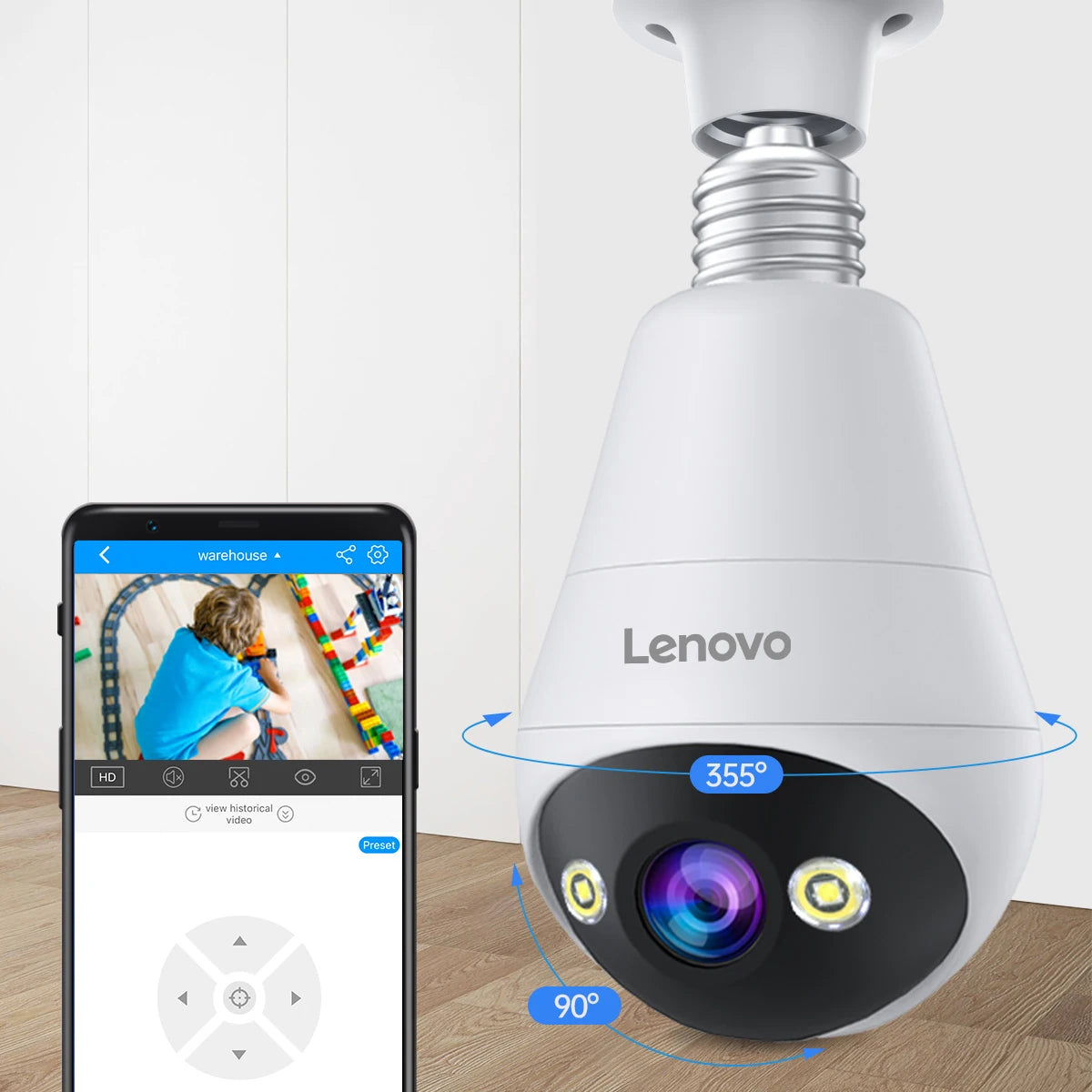 Lenovo 3MP WiFi E27 Bulb Security Camera with Night Vision, Motion Detection & Two-Way Audio