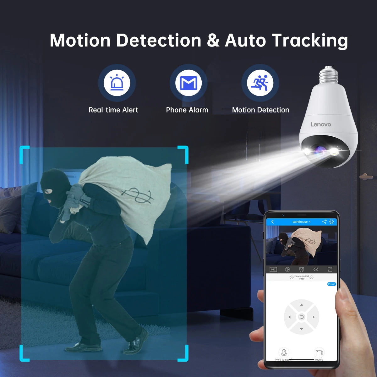 Lenovo 3MP WiFi E27 Bulb Security Camera with Night Vision, Motion Detection & Two-Way Audio