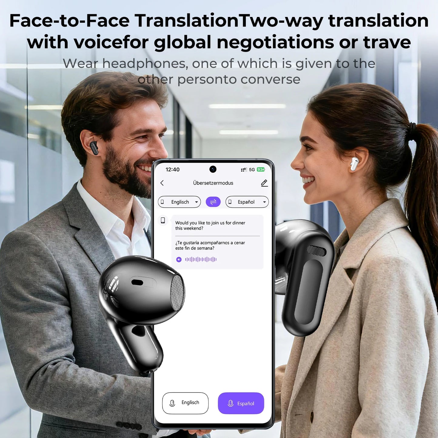HTC NE20 Translator Earbuds with Touchscreen Case, 6-in-1 Translation & ANC