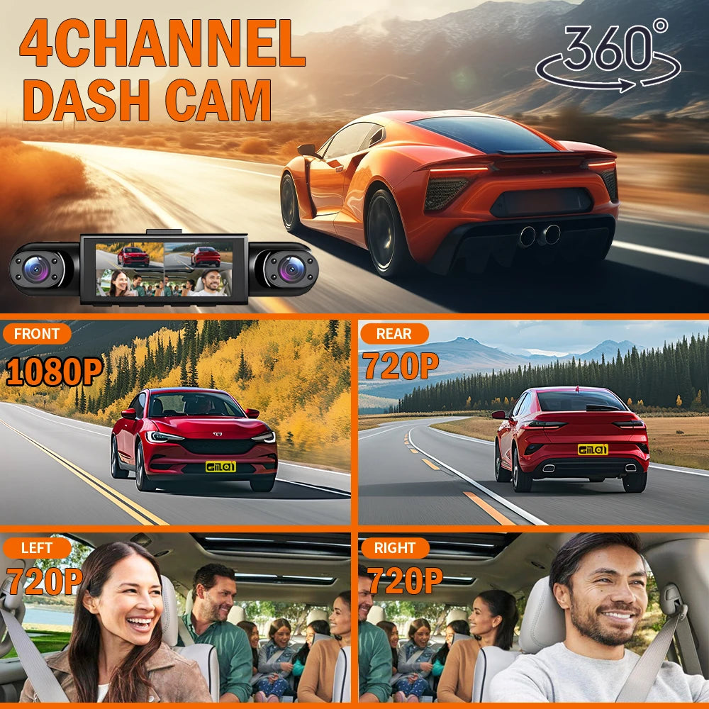 4-Channel 360° FHD Dash Cam with Night Vision, Front Rear Side Recording & 24/7 Parking Monitor